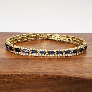 14K Gold Womens 2ct Blue Sapphire Gemstone 1ct Diamond Tennis Bracelet Jewelry